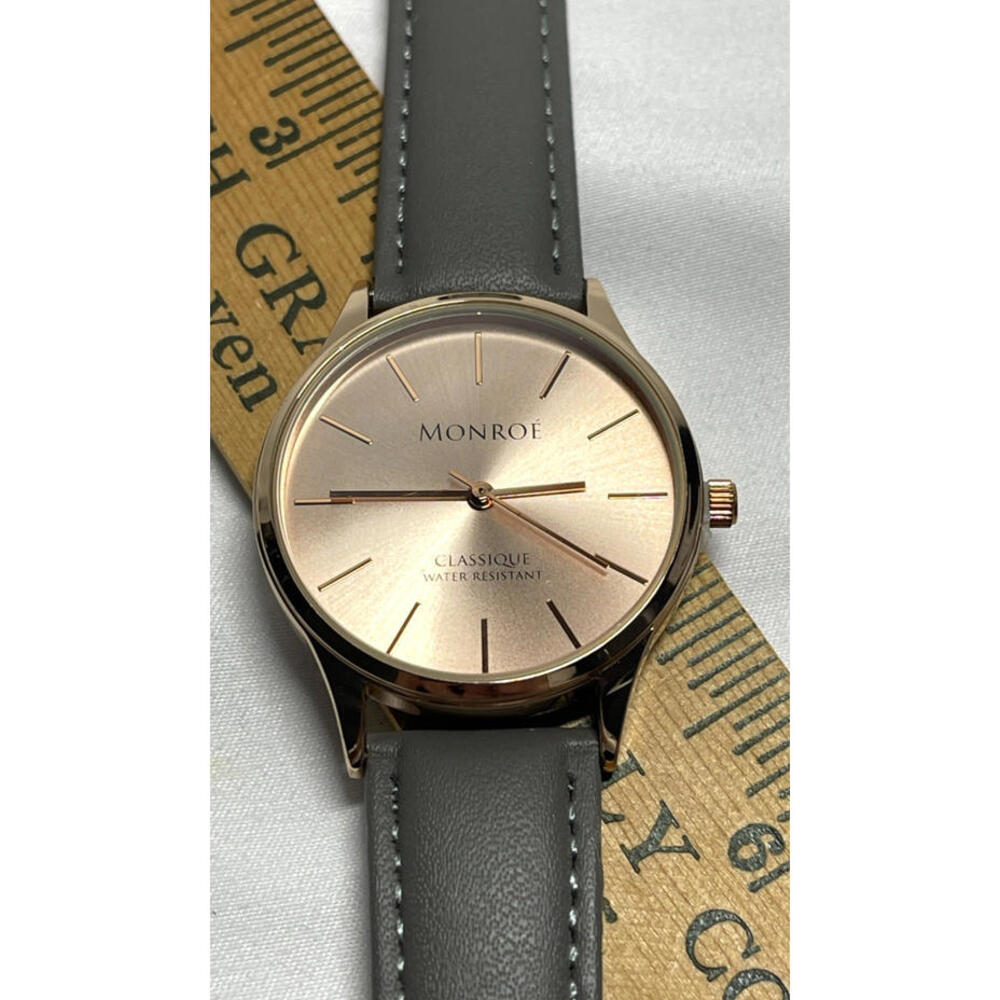 Monroe Maestro Watch Classique Sunburst Solerose Rose Gold Gray Band Leather NEW